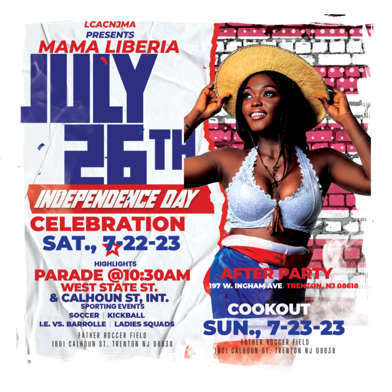 Flyer for the LCACNJMA "Mama Liberia" July 26th Independence Day celebration, July 22–23, 2023, with parade and cookout