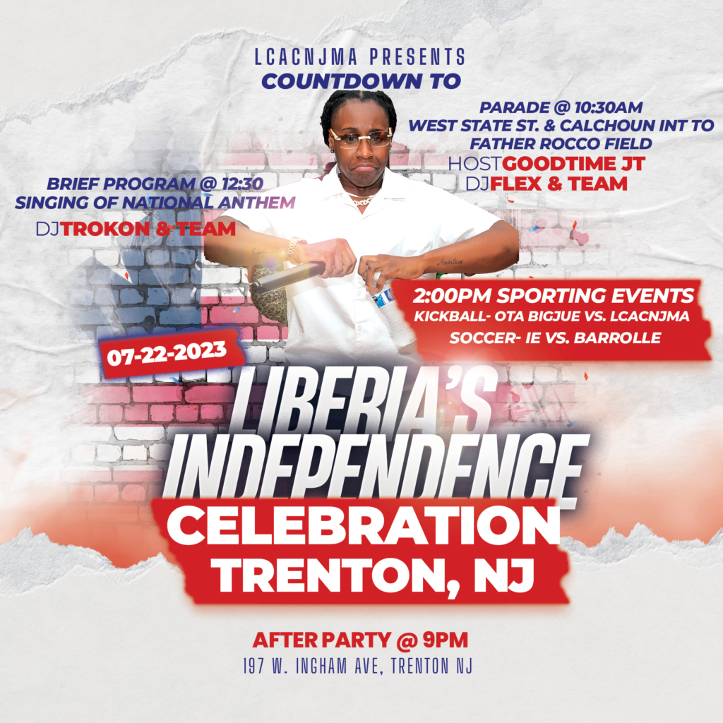 Flyer: countdown to Liberia's Independence celebration in Trenton, NJ, July 22, 2023 — parade, sporting events and after-party