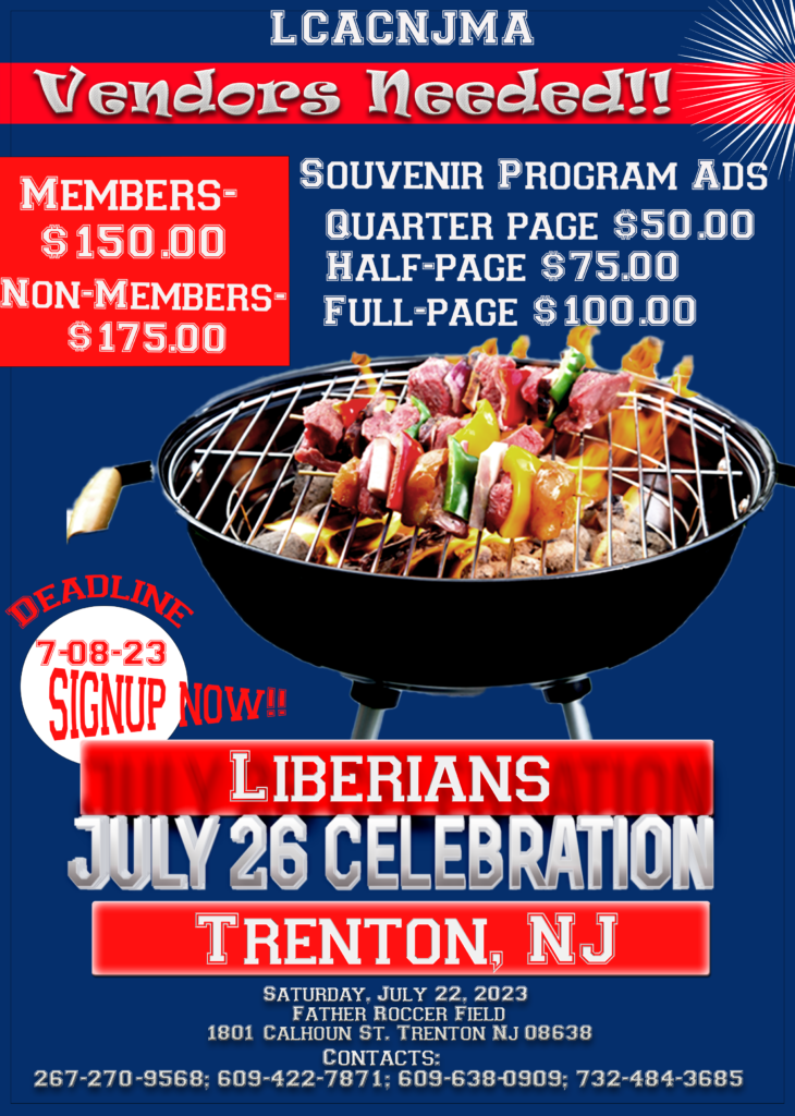 Flyer: LCACNJMA vendors needed for the Liberians July 26 celebration in Trenton, NJ, with souvenir program ad prices