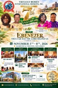 Flyer: Virtuous Women International Missions, Inc. 7th Anniversary Celebrations, November 5–8, 2026, Hamilton & Trenton, NJ