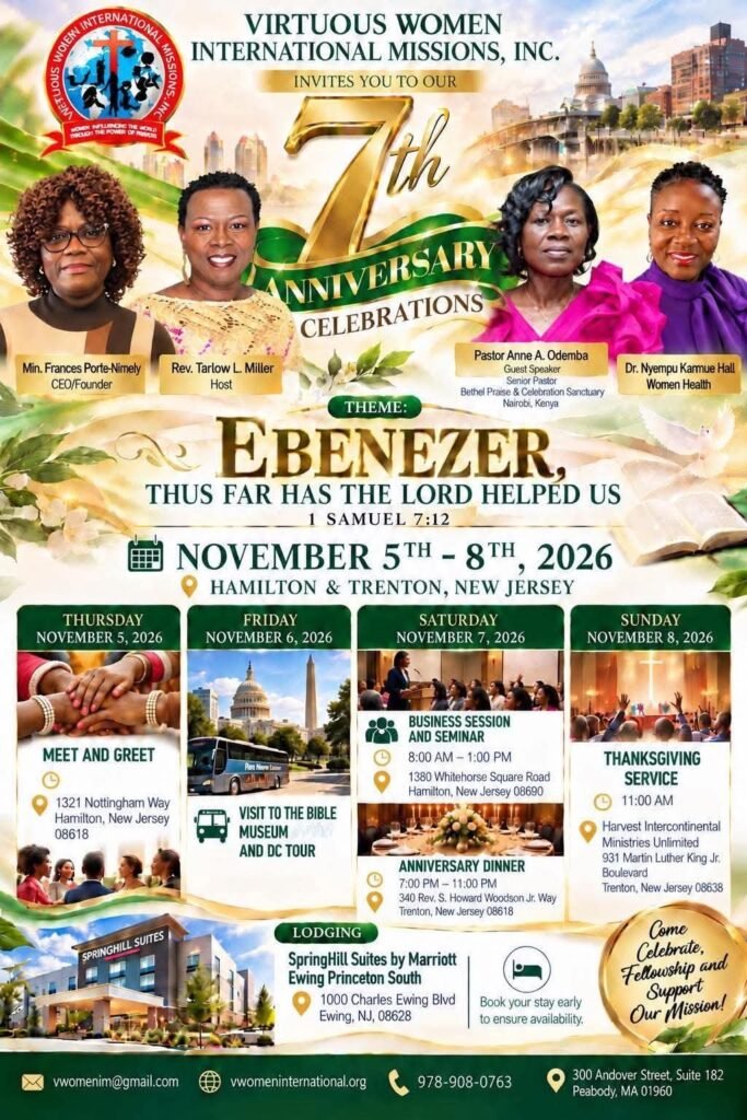 Flyer: Virtuous Women International Missions, Inc. 7th Anniversary Celebrations, November 5–8, 2026, Hamilton & Trenton, NJ