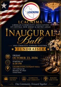 Flyer: LCACNJMA Inaugural Ball fundraiser, Friday, October 23, 2026, starting at 6:30 PM, Celebrations Banquet Hall, 2201 Galloway Rd, Bensalem, PA 19020. One Community. Forward Together.