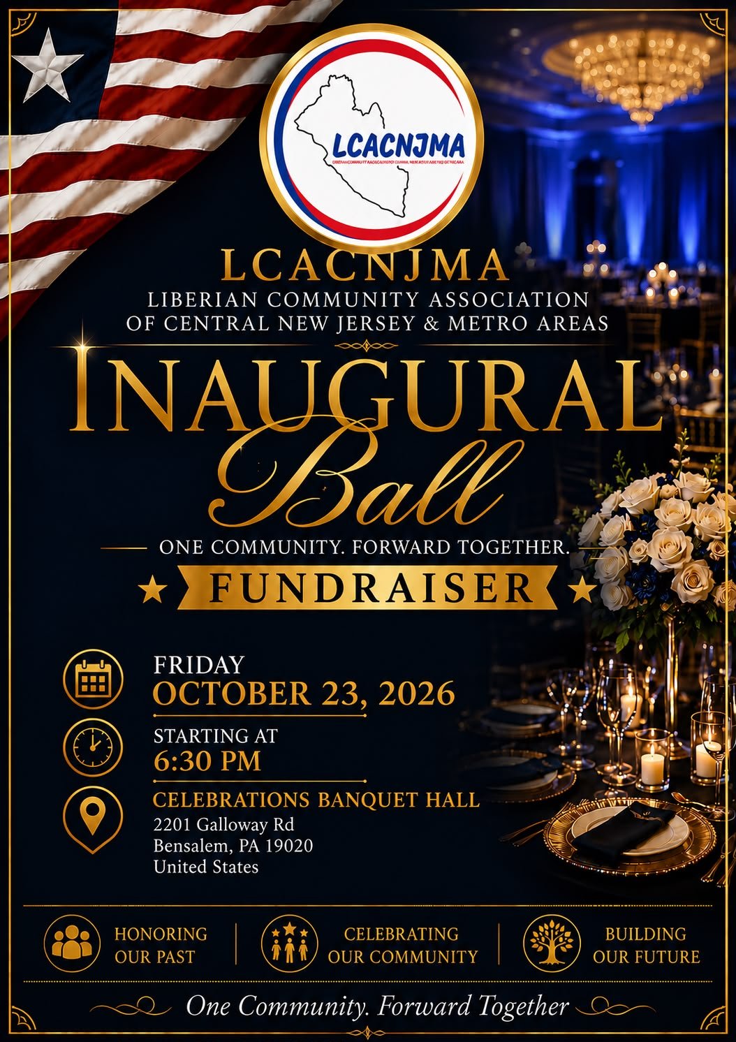 Flyer: LCACNJMA Inaugural Ball fundraiser, Friday, October 23, 2026, starting at 6:30 PM, Celebrations Banquet Hall, 2201 Galloway Rd, Bensalem, PA 19020. One Community. Forward Together.